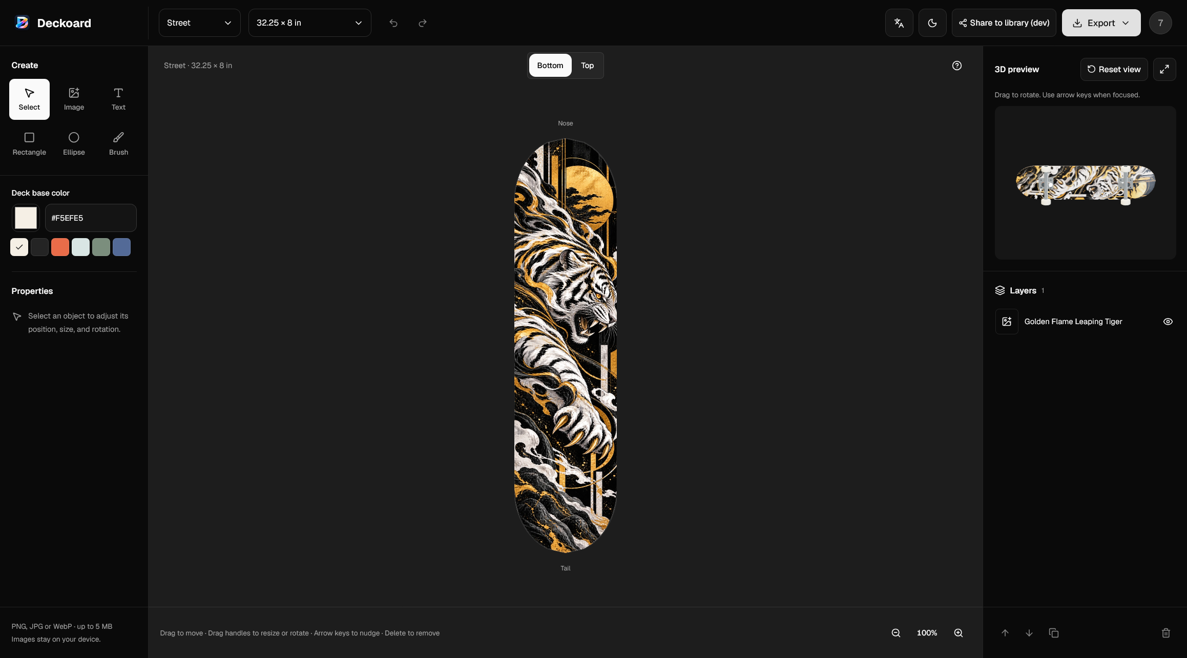 Deckoard 3D deck editor with a gold and black tiger graphic on the bottom of a street deck, plus a rotatable 3D preview and layers panel